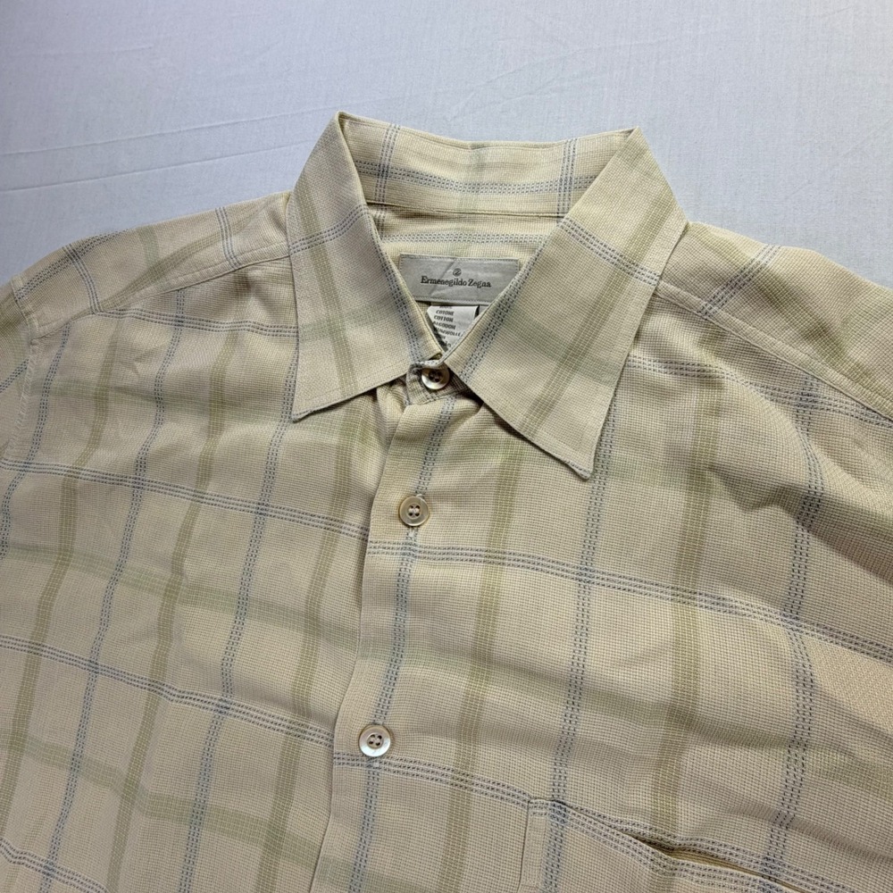 Ermenegildo Zegna Mens Large Beige Plaid Long Sleeve Button‎ Up Shirt